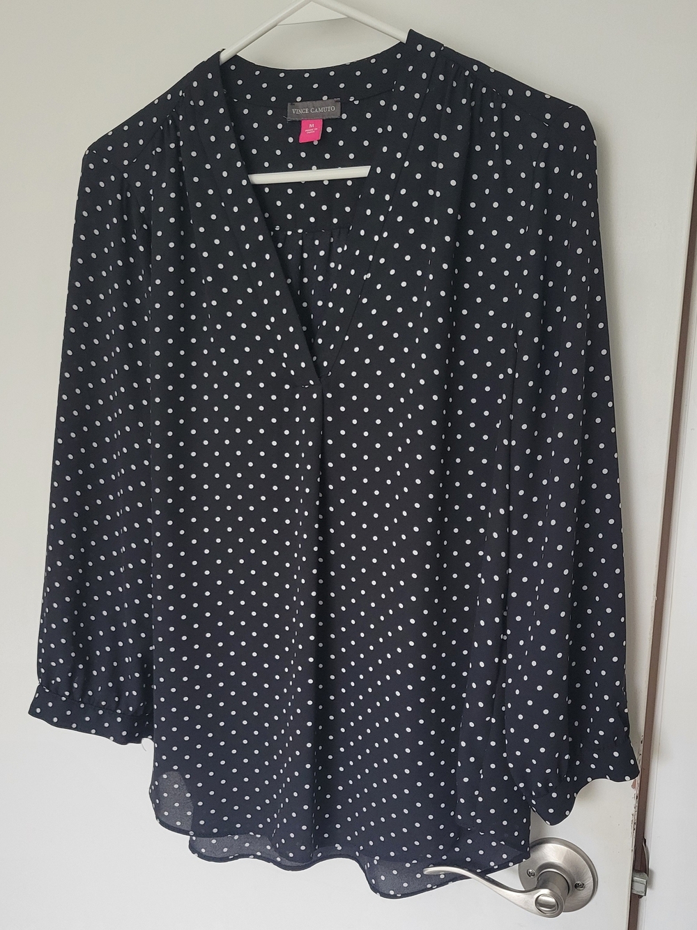 Vince Camuto Black & White Polka Dot V-Neck Blouse